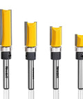 Front view of four Newdeli pattern flush-trim router bits with yellow carbide cutters and silver shanks.