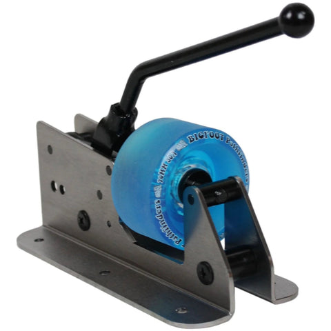 Side view of skateboard bearing press and puller with blue wheel, metal base, and black handle.