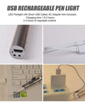 USB Rechargeable Pen Light with USB cable displayed charging on laptop, part of a Five Pack USB Rechargeable Pen Light With 400 Lumens, Compact Pocket Sized LED Torch For Outdoor Work And Camping, Comes With USB Cable, Durable Aluminum Body, EDC Ready set.