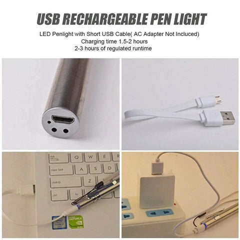 USB Rechargeable Pen Light with USB cable displayed charging on laptop, part of a Five Pack USB Rechargeable Pen Light With 400 Lumens, Compact Pocket Sized LED Torch For Outdoor Work And Camping, Comes With USB Cable, Durable Aluminum Body, EDC Ready set.