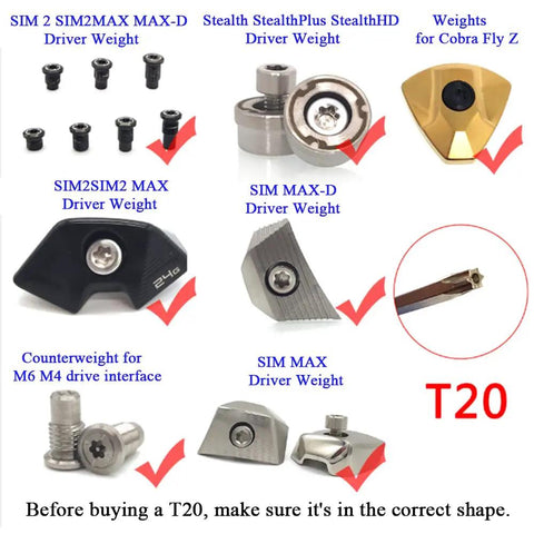 Multi Function Golf Wrench And Driver Tool For Taylormade M1 M2 M3 M4 SLDR RBZ Cobra F9 Drivers Universal Weights Shaft Adapter With T20 And T25 Bits Compact Dual Use Club Tool For On The Go Adjustments with various driver weights and a T20 bit