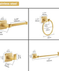 Gold Finish 4 Piece Bathroom Hardware Set With 17 Inch Towel Bar, Towel Ring, Robe Hooks And Toilet Paper Holder, Wall Mounted Bath Accessories; dimensions displayed