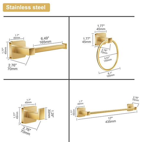 Gold Finish 4 Piece Bathroom Hardware Set With 17 Inch Towel Bar, Towel Ring, Robe Hooks And Toilet Paper Holder, Wall Mounted Bath Accessories; dimensions displayed