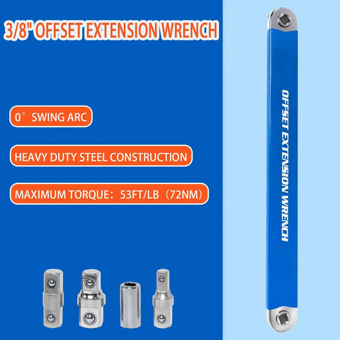 Offset Ratchet Extender with 3/8" drive, heavy duty steel, zero swing arc, 15.4in length, and adapters shown.