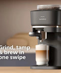 Baristina Espresso Machine With Automatic Grinder Grind Tamp And Brew In One Swipe 16 Bar Pump Compact Black Coffee Maker