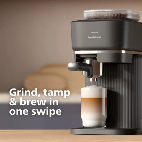 Baristina Espresso Machine With Automatic Grinder Grind Tamp And Brew In One Swipe 16 Bar Pump Compact Black Coffee Maker