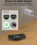 Anti Slip Aircraft Grade Aluminum Wireless Charger Pad With 15W Max Fast Charging shown on wooden desk with adapter guide.