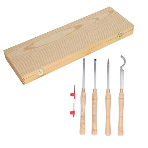 Premium 4 Piece Lathe Turning Tool Set For Woodworking Crafters Made From Heavy Duty Hard Alloy Steel in wooden case.