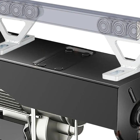 Heavy Duty 6 Wheel Trolley Assembly For Electric Hoist With Super Deep Groove Ball Bearings Loads Like A Champ On 1 5/8 Inch Struts And Pa200 Pa1000 Models close-up of trolley with rollers and mount.