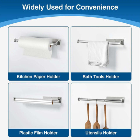 Four uses of Stainless Steel Paper Towel Holder With Self Adhesive Or Drilling Mount Brushed Nickel Finish in kitchen and bath settings