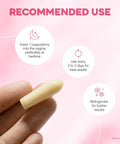 Hyaluronic Acid Vaginal Suppository for Dryness held in hand, recommended use instructions, FDA Cleared Medical Device, Made in USA