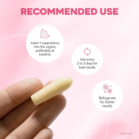 Hyaluronic Acid Vaginal Suppository for Dryness held in hand, recommended use instructions, FDA Cleared Medical Device, Made in USA