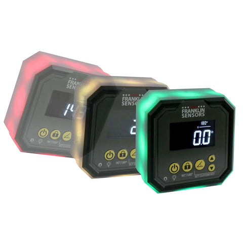Digital Angle Gauge And Level With Color Indicators, turns green at 0 degrees, showing front display screen and buttons