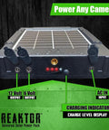 Reaktor Universal Solar Power Pack For Security Cameras, Trail Cameras, And Game Cameras with power indicators and outputs visible