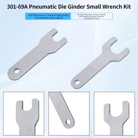 Top Shelf Pneumatic Air Die Grinder Wrench Kit Features 301-69A Small open end spanner in stainless steel for tool swaps.