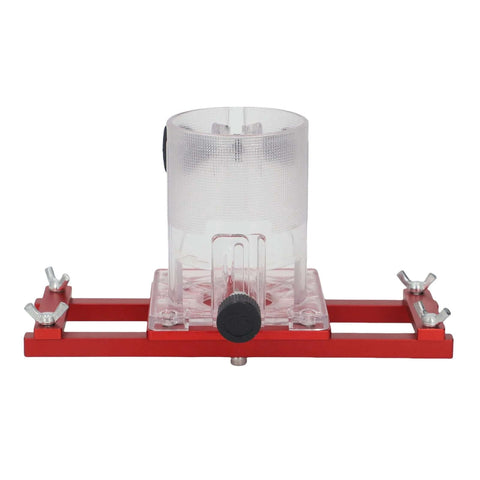 Zunate wood trimmer router base on red metal frame with clear plastic housing and black adjustment knob