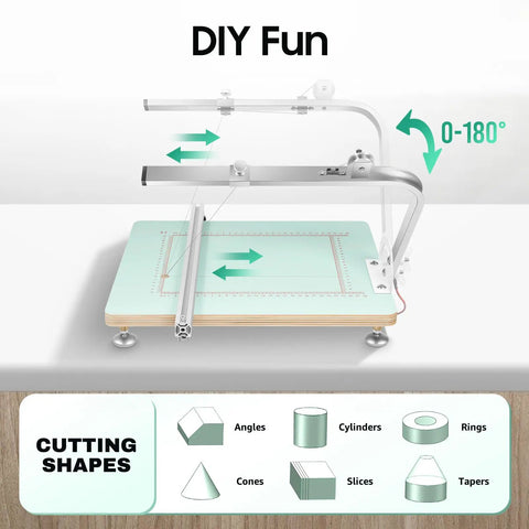 Tabletop Dope Hot Wire Foam Cutter For Styrofoam And Craft Foams with adjustable angle, shown with cutting shape options.