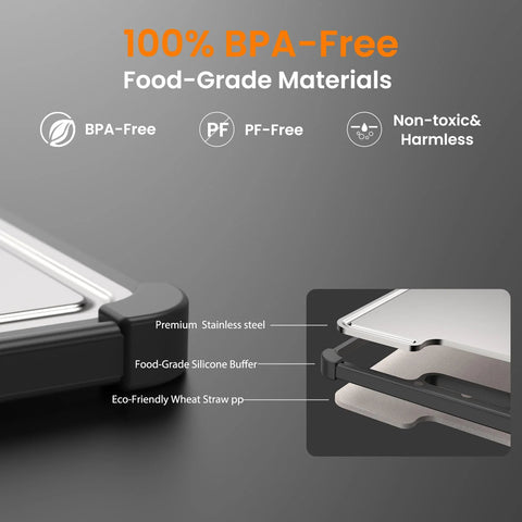 Close-up view of premium 316 stainless steel cutting board, dual-sided with silicone buffer and wheat straw base.