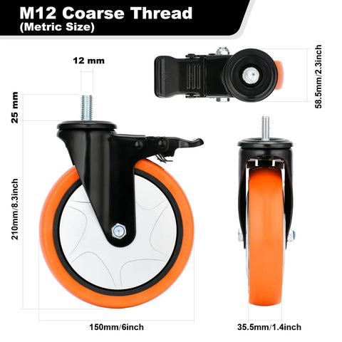 Six Inch Swivel Caster Wheels With Dual Locking Brakes And Silent Steel Threaded Stem Casters Built Tough For Heavy Haul Projects with measurements.