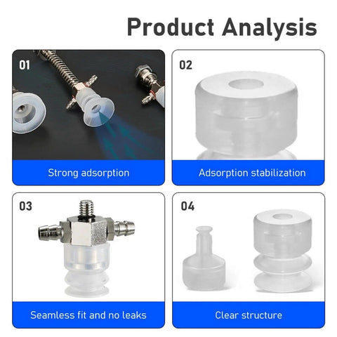 Product analysis of Pack Of Nine Small Black Anti Static Rubber Manipulator Vacuum Suction Cups For Industrial Pneumatic Tools showing strong adsorption details.