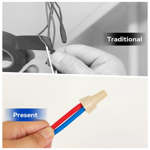 Top: Traditional wiring with black tape, Bottom: Tan Wire Nuts Connectors P12 22-10AWG Twist Caps securing red and blue wires