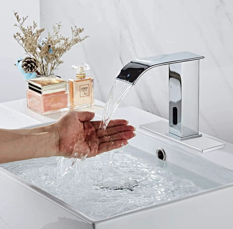 Dual Powered Automatic Touchless Bathroom Faucet With Motion Sensor Waterfall Chrome Finish Hands Free Vanity Faucet For Single Or 3 Hole Sinks Water Saving Sink Upgrade in use with water flowing into a hand