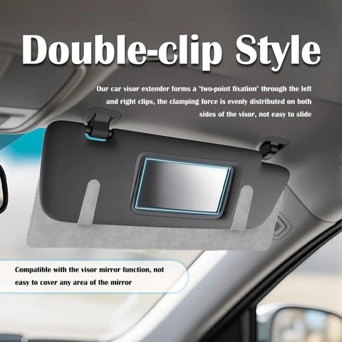 Elastic Sun Visor Extender With Built In Sunglass Holder And Double Clip For Cars Anti Glare Shield installed on visor