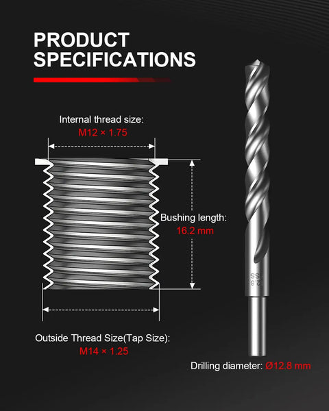 M12x1.75 Thread Repair Kit With 10 Solid 304 Stainless Steel Inserts For stripped internal threads, M12 x 1.75 specs