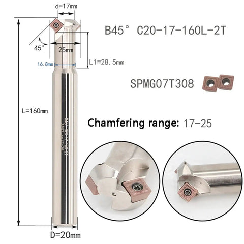 Top Shelf 45 Degree Chamfering Tool Tfd45 Scmt09 Carbide Insert For Cnc Lathe And Milling Gear Nail with detailed measurements.