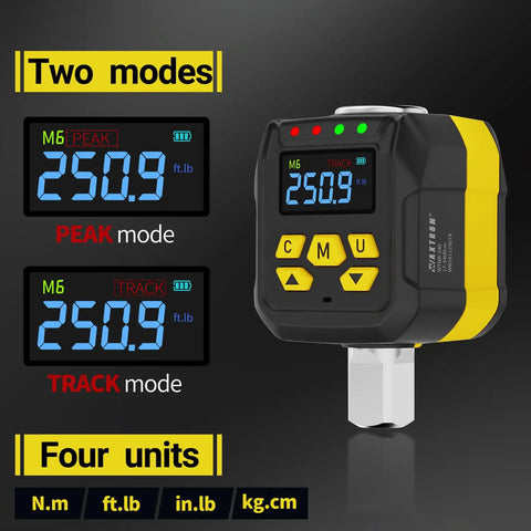Pro Grade Digital Torque Adapter Set With 1/2 Inch Drive And 1/4 And 3/8 Socket Adapters, ISO 6789 Certified Plus/Minus 2 Percent Accuracy, 12 to 250 ft-lb/17 to 340 Nm, High Visibility Color Display With Audible Alerts And Overtightening Protection, digital torque adapter showing peak and track modes