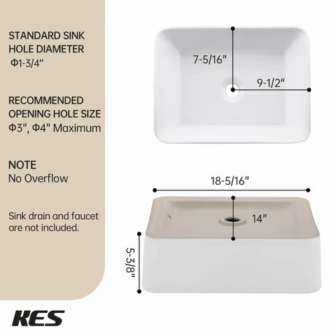 Rectangular White Vessel Sink For Bathroom 19x15 Inch Above Counter Vanity Sink Porcelain Ceramic Top Mount No Overflow 1.75 Inch Drain