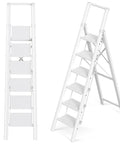 Six Step Ladder With Wide Pedal For Reaching 12 Foot Ceilings, Tall Step Stool For Ceiling Fans And Closet Organization, No Slip Treads, Heavy Duty Home Maintenance Ladder, aluminum, folded and open views