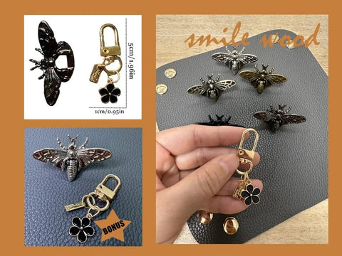 Front view of bee-shaped turn-lock purse hardware 5-piece set in dark metal with keychain charm for purses