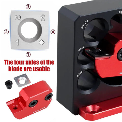 No Hassle Adjustable Dowel Maker Jig Kit With Eight Size Options From 5/16 To 3/4 Inch showing usable four-sided blade and aluminum components.