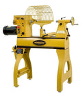 Powermatic 20x20 variable-speed wood lathe with yellow stand; reversible turning, 2 HP, 220V single-phase.