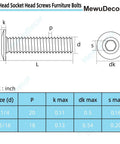 Technical drawing of Heavy Duty Quarter Inch By Twenty Flat Head Socket Head Screws Furniture Bolts.
