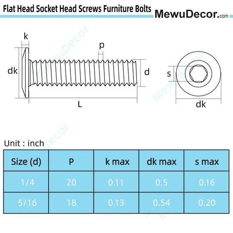 Technical drawing of Heavy Duty Quarter Inch By Twenty Flat Head Socket Head Screws Furniture Bolts.