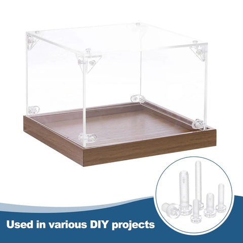 Top Shelf 80 Pcs Clear Acrylic Screws M4 X 12MM Phillips Round Head Transparent Bolts holding clear DIY display case.