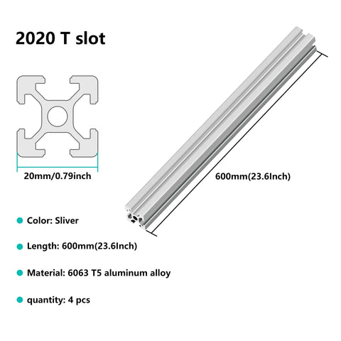 Rock Solid 2020 T Slot Aluminum Extrusion Profile And Linear Rail Guide Set For 3D Printers And CNC Machines with 600mm length and silver color.