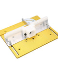 Premium Anodized Gold Aluminum Router Lift Base Delivering Dead Nuts Height Precision and Complete Shop Hardware Kit For Router Table Woodworking Builds, top view showing adjustment scale and mounting holes.