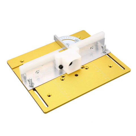 Premium Anodized Gold Aluminum Router Lift Base Delivering Dead Nuts Height Precision and Complete Shop Hardware Kit For Router Table Woodworking Builds, top view showing adjustment scale and mounting holes.