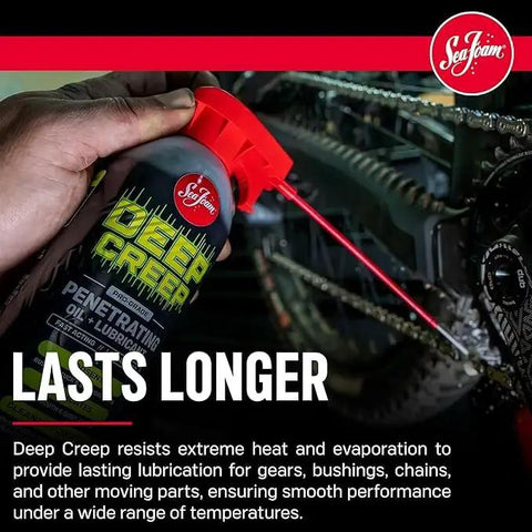Person using Sea Foam Deep Creep Penetrating Lubricant Spray on machinery gears and chains