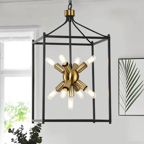 Industrial Farmhouse Chandelier Lantern Pendant Light Nine Light Fixture Built To Last In Black And Gold With Metal Frame For Dining Room Living Room Kitchen Bar Entryway Rustic Modern Style