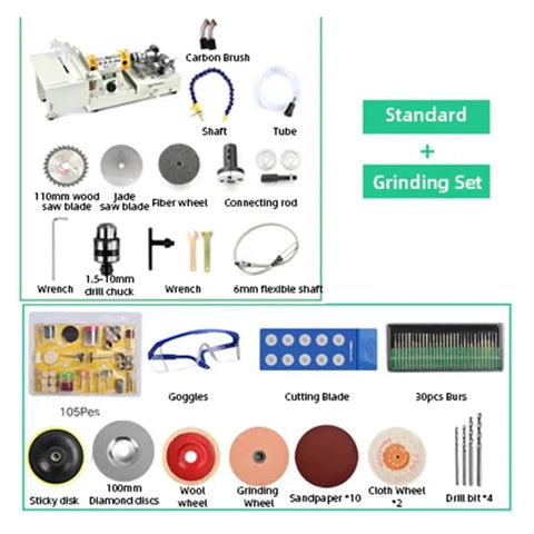 Standard and grinding set components for 850W Mini Bench Grinder And Jade Polishing Machine for DIY woodworking jewelry.