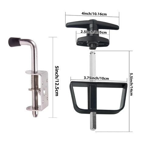 Ultimate Shed Door Latch and Lock Kit with Heavy-Duty 5-1/2 Inch Stem T-Handle, five keys, spring-loaded hardware dimensions shown