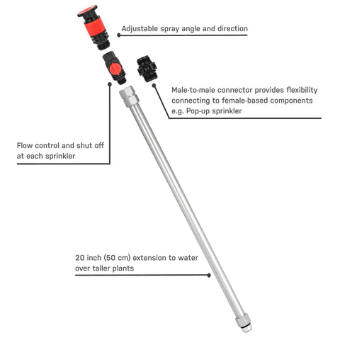Multi Adjustable Sprinkler Set With Metal Extensions Included 12 Pieces Fits Standard Half Inch Threaded Lawn Watering Systems Super Easy Install No Tools Needed Adjustable Spray Heads For Lawns Flower Beds And Gardens, showing metal extension