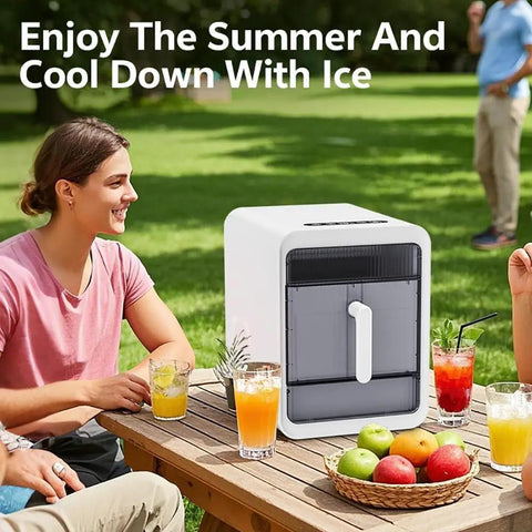 Compact Nugget Ice Maker With Self Cleaning Countertop Design producing chewable ice, displayed outdoors with drinks on picnic table.