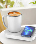 Dual Purpose Desktop Coffee Mug Warmer And Colder With 15W Fast Wireless Charging Pad For Travel Cups and Smooth Daily Grind Beverage Station with coffee and smartphone