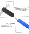 Close-up of 4Pcs Woodworking Clamps Set showing metal clamp with non-slip blue plastic handle for DIY projects and crafting.