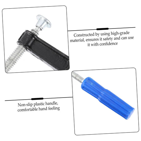 Close-up of 4Pcs Woodworking Clamps Set showing metal clamp with non-slip blue plastic handle for DIY projects and crafting.